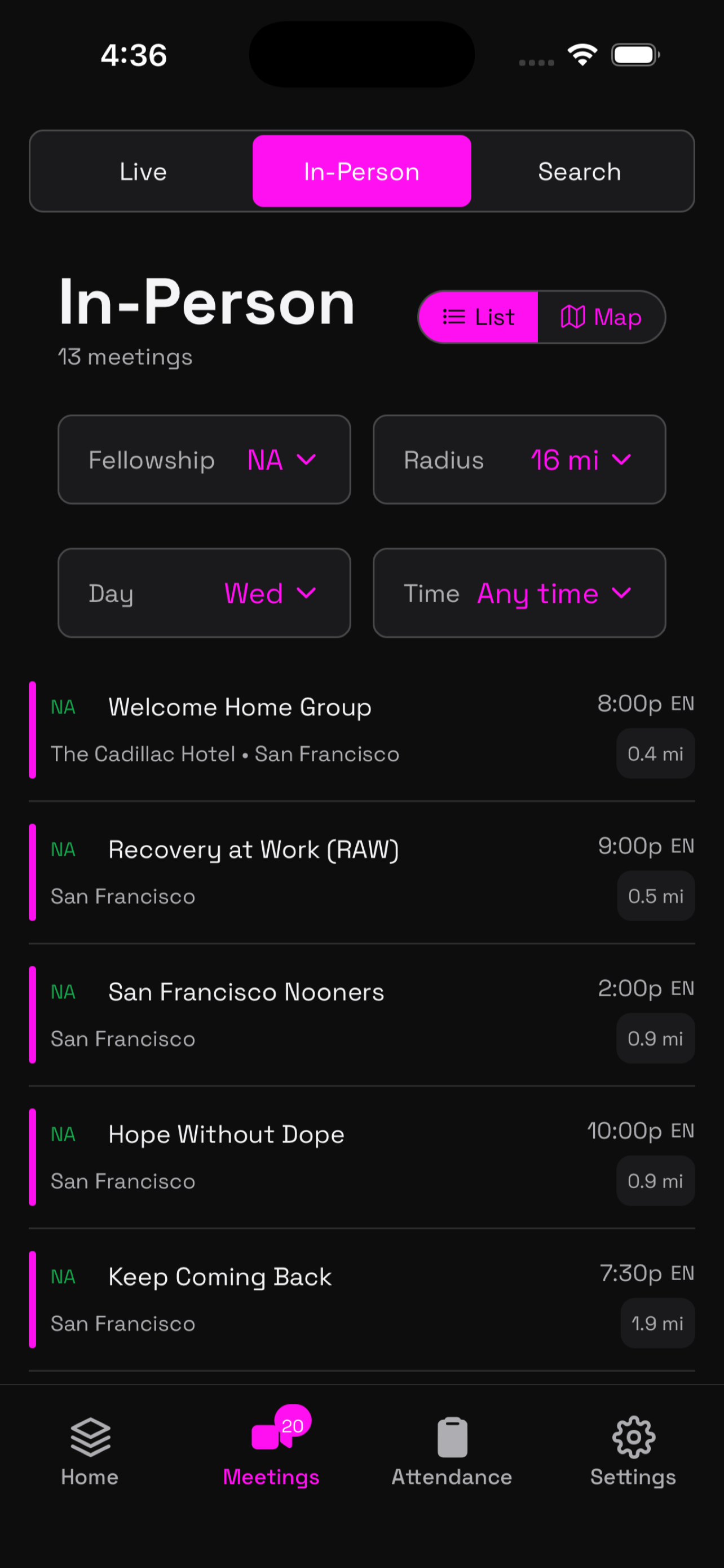 List of nearby in-person meetings sorted by distance